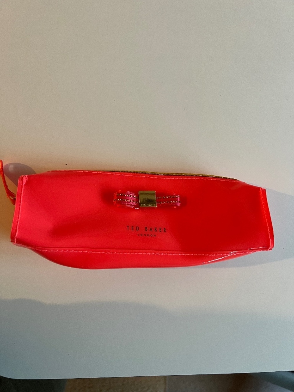 Ted Baker London Coral Pink Patent Bow Cosmetic Pouch Pencil Case
